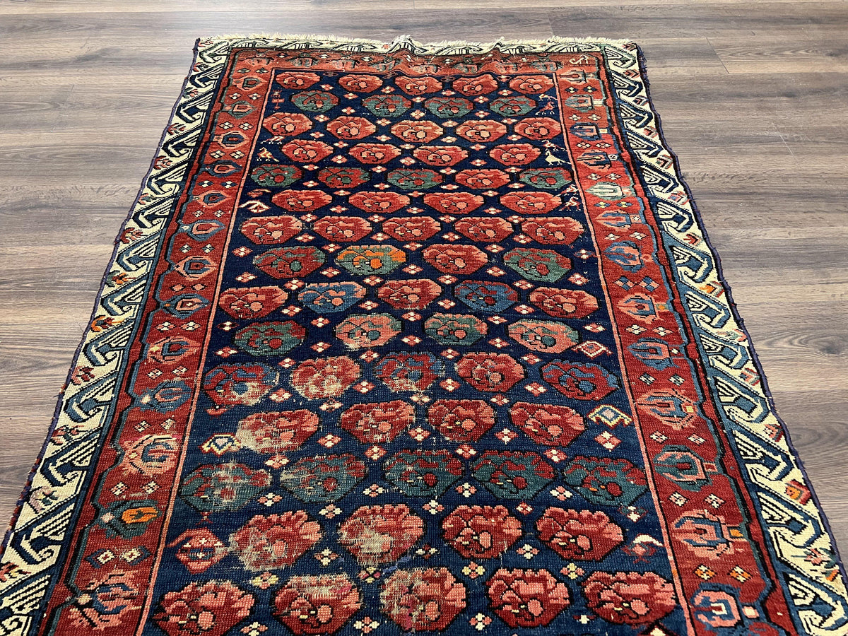 Antique Seychour Rug 4x7, Collectible Kuba Caucasian Carpet, Wool Handmade, Red Navy Blue Cream, Repeated Allover Motif, Early 20th Century - Jewel Rugs, view 3