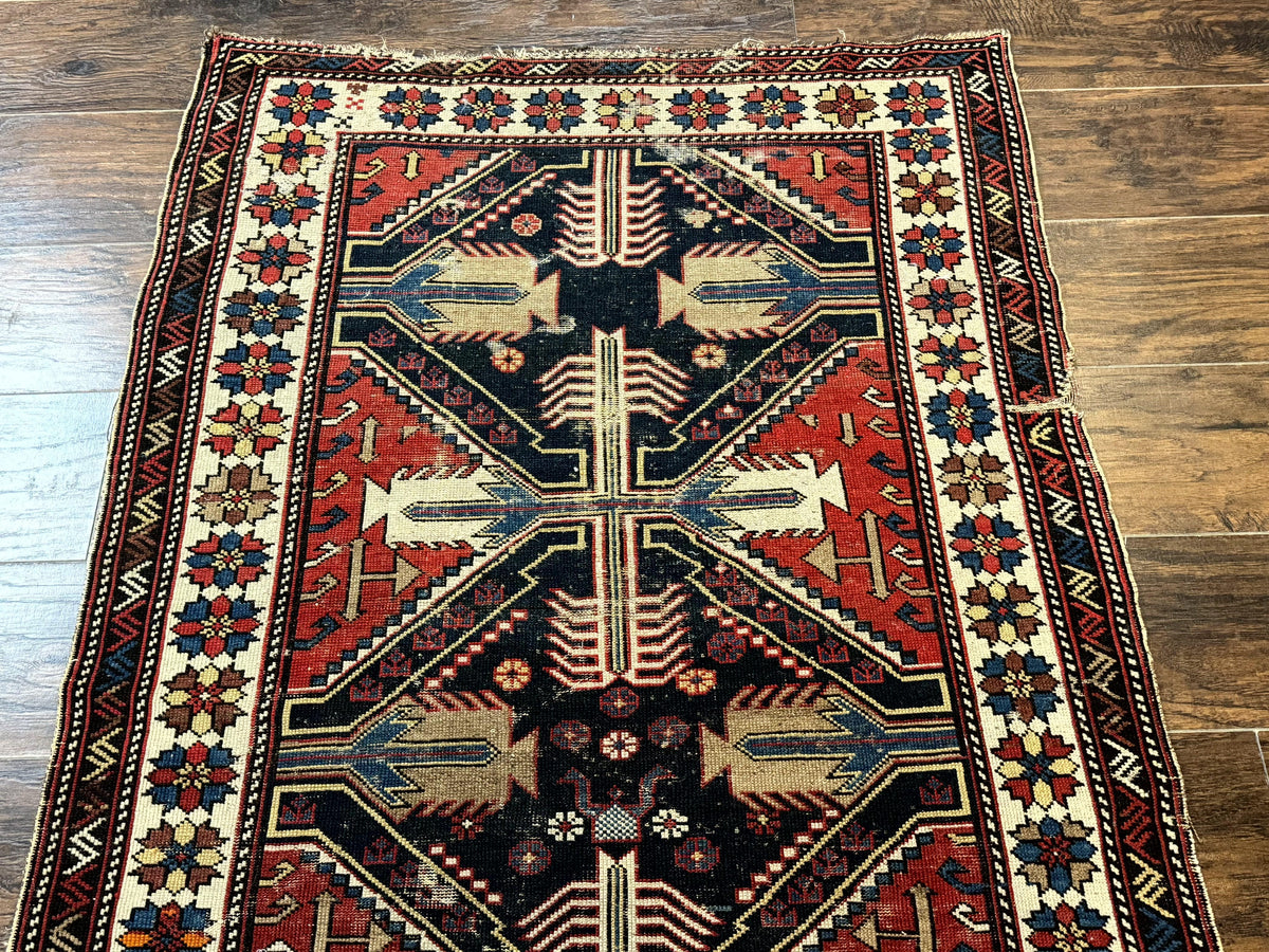 Antique Shirvan Caucasian Rug 3x5, Geometric Pattern, Red Navy Blue Beige - Jewel Rugs, view 3