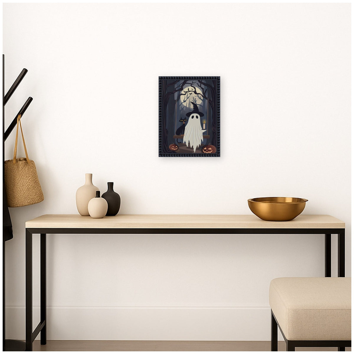 Ghost and Black Cat by Rachel Lee 3 Birdies Studio Framed Canvas Wall Art Print