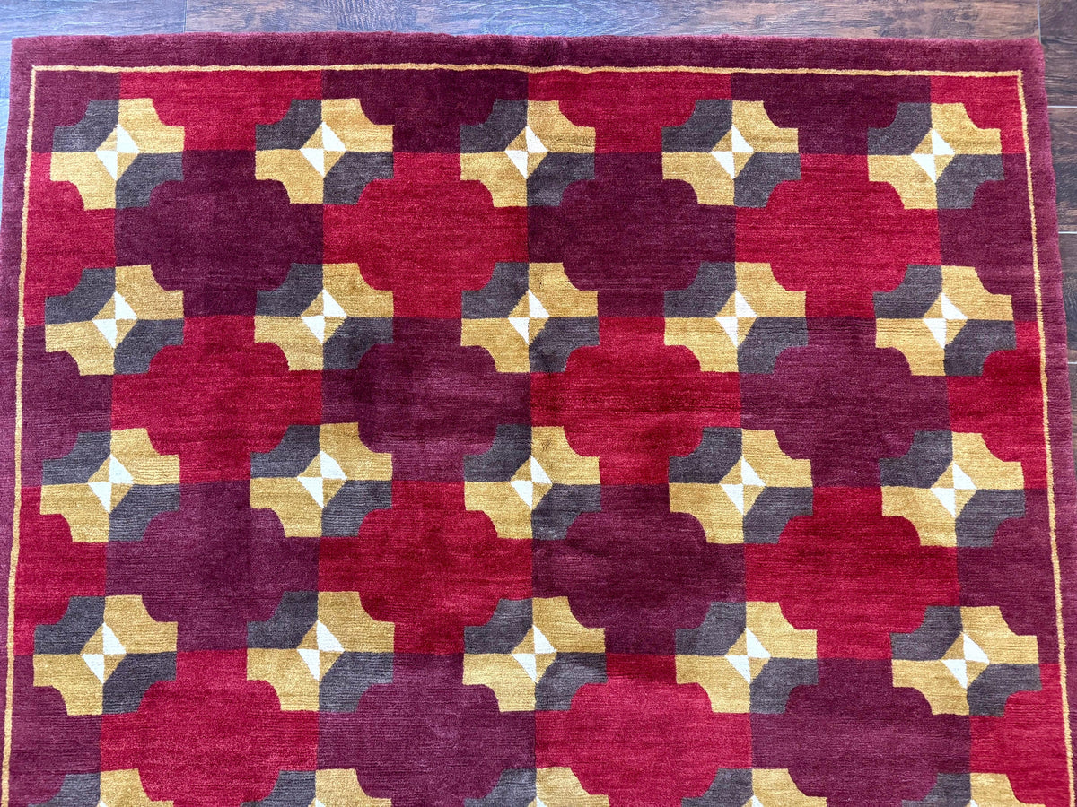 Modern Tibetan Rug 5 x 6.8, Wool, Red, Allover Pattern, Nepali Rug, Abstract Rug, Handmade Area Rug - Jewel Rugs, view 4