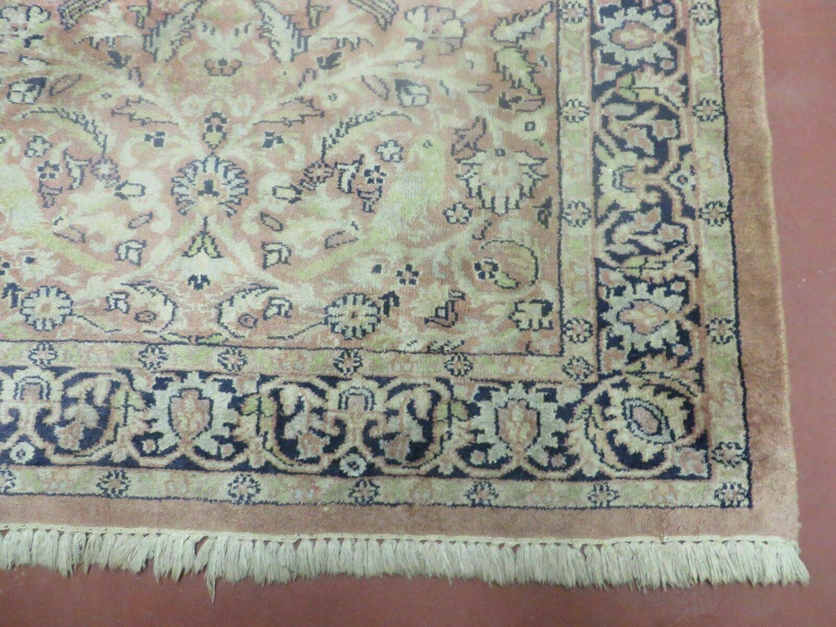 Indian Silk Rug 4x6, Indian Kashmiri Silk Carpet 4 x 6 ft, Vintage Hand Knotted Floral Bird Motifs, Light Pink and Navy Blue, Silk on Cotton - Jewel Rugs, view 10