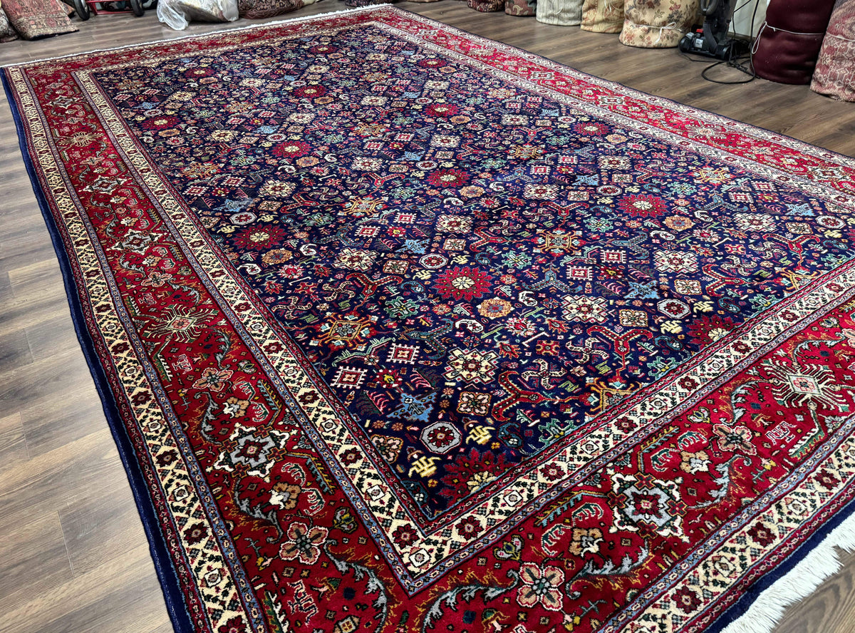 Large Persian Tabriz Rug 10x16, Navy Blue and Red, Allover Pattern, Vintage Hand Knotted Wool Carpet - Jewel Rugs, view 13