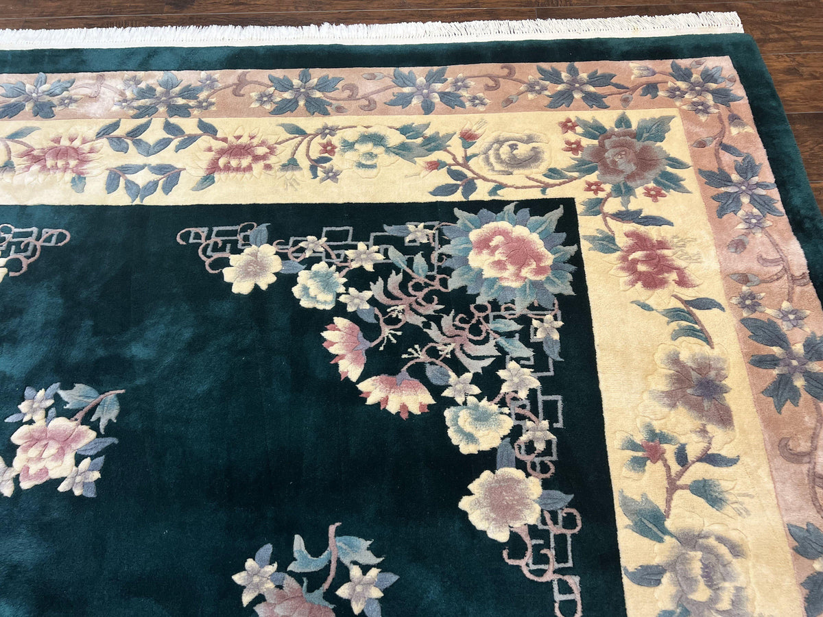 Chinese Art Deco Rug 9x12, Wool Hand Knotted Vintage Carpet, Dark Green & Cream, 90 Line Carving Rug - Jewel Rugs, view 8