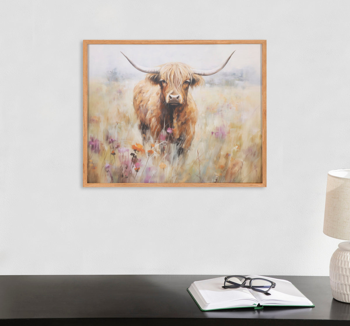Gallery Highland Cow in a Flower Field Landscape Print by The Creative Bunch Studio