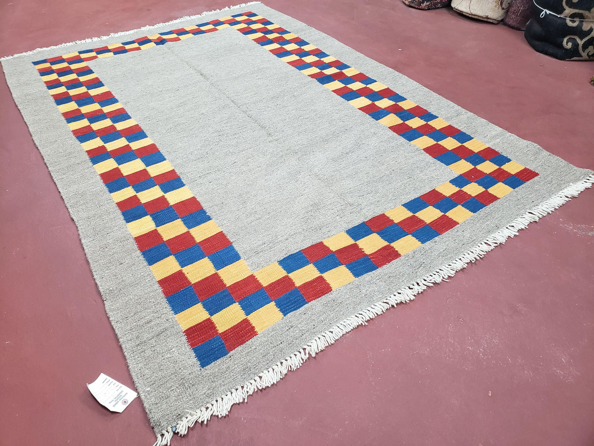 New Turkish Kilim Area Rug, Gray Carpet With Colorful Checker Border, 5'6" x 8", Flatweave Carpet, Playroom Rug, Kids Room Rug, Hand-Knotted - Jewel Rugs, view 2
