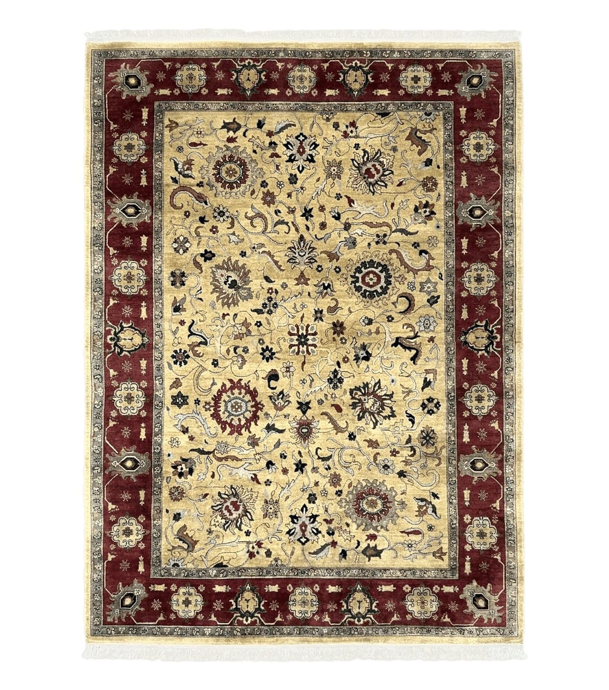 Indo Persian Mahal Rug 8x12, Wool Hand Knotted Oriental Carpet, Light Gold and Burgundy, Floral Allover, Vintage Room Sized Area Rug 8 x 12 - Jewel Rugs