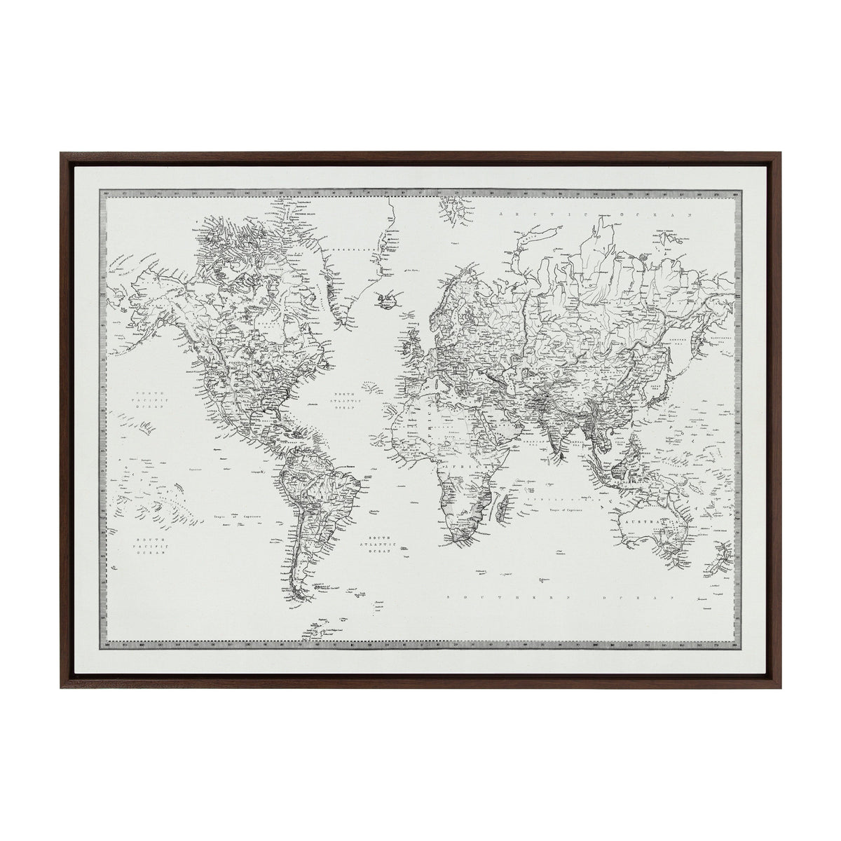 Sylvie Vintage Black and White World Map Framed Canvas by The Creative Bunch Studio