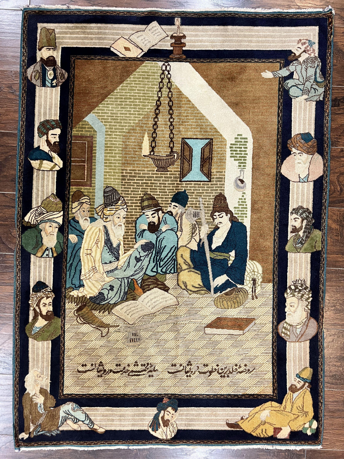 Persian Tabriz Pictorial Rug 3x5, Wall Hanging Carpet, Very Fine 60 Raj 475 KPSI, Hand Knotted Vintage Semi Antique, Wool, Persian Poetry - Jewel Rugs, view 3