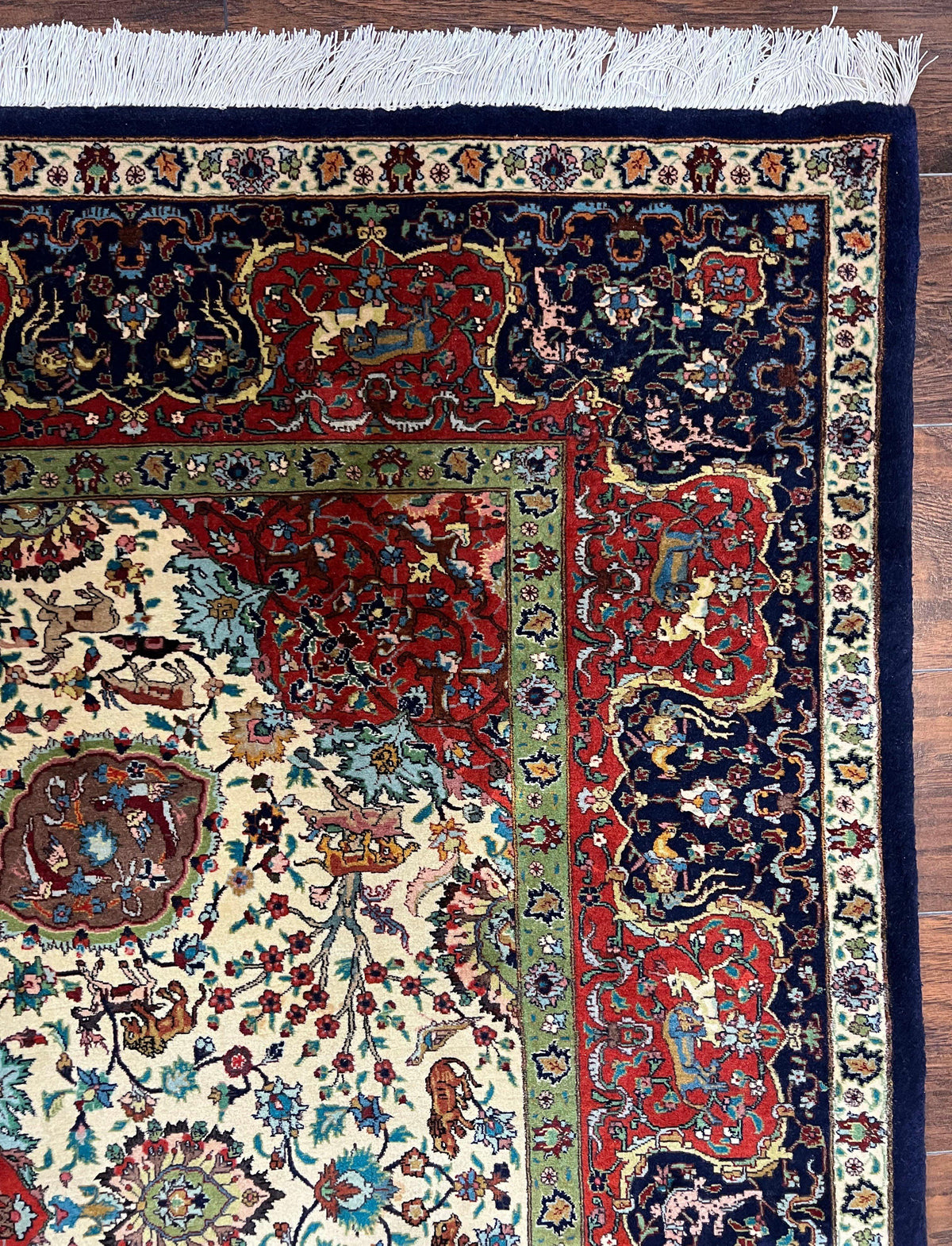 Wonderful Sino Persian Rug 6x10 with Animal Pictorial Motifs, Cream Dark Red Navy Blue, Birds Gazelles, Two Medallions, Top Quality Handmade - Jewel Rugs, view 8