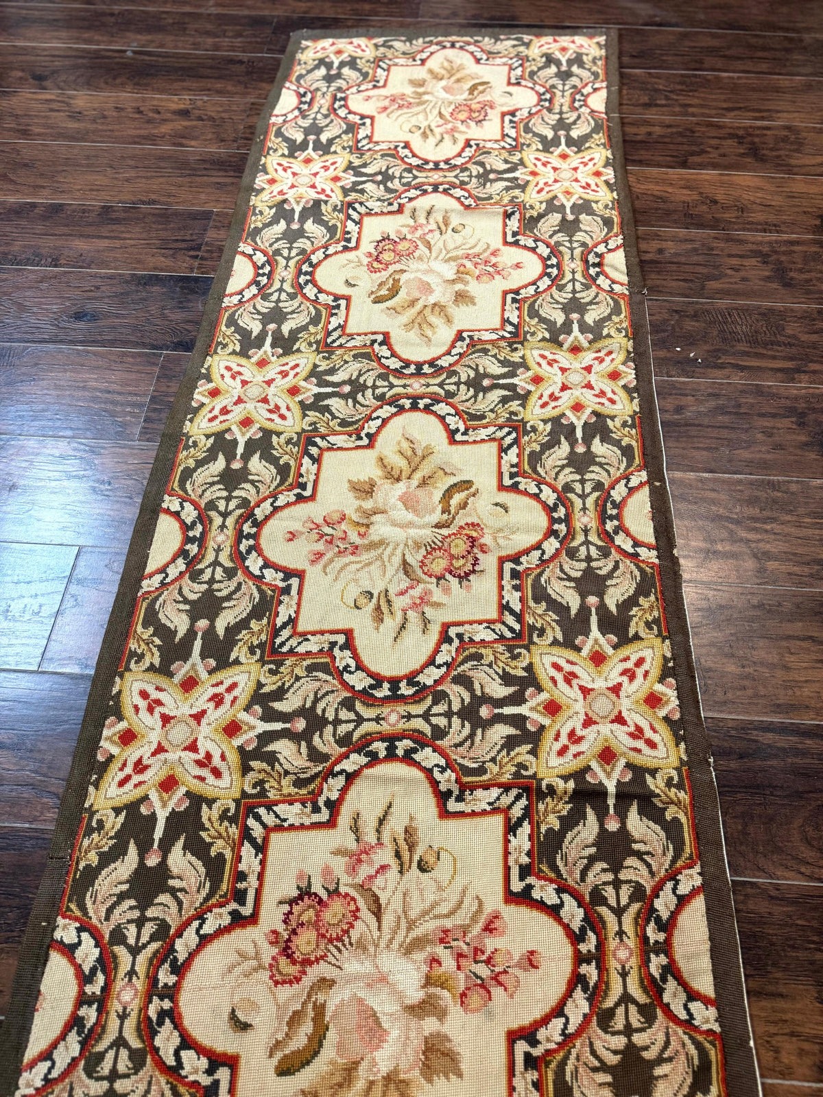 Needlepoint Runner Rug 2.7 x 9.7, European French Design, Wool, Handmade, Vintage - Jewel Rugs, view 3
