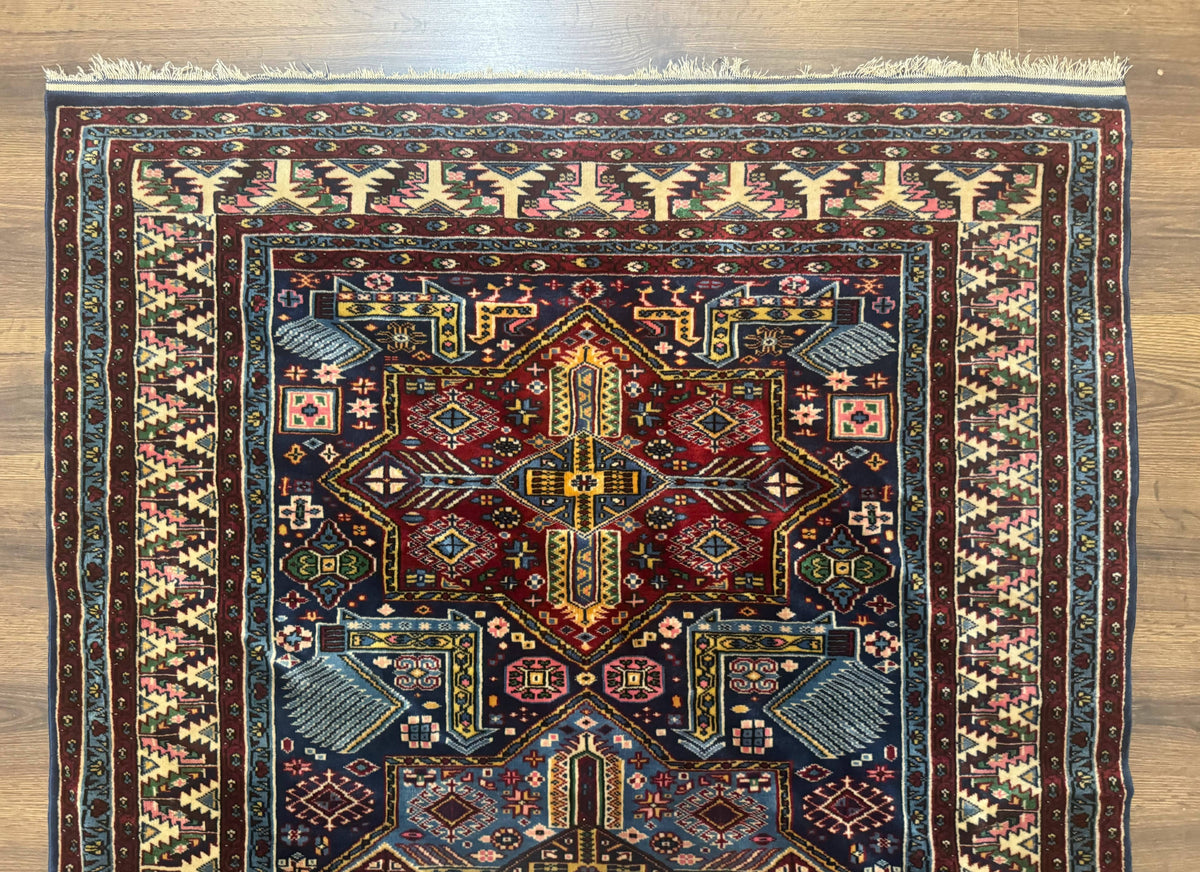 Indian Rug with Caucasian Design, 4x6 Geometric Carpet, Navy Blue and Cream - Jewel Rugs, view 4