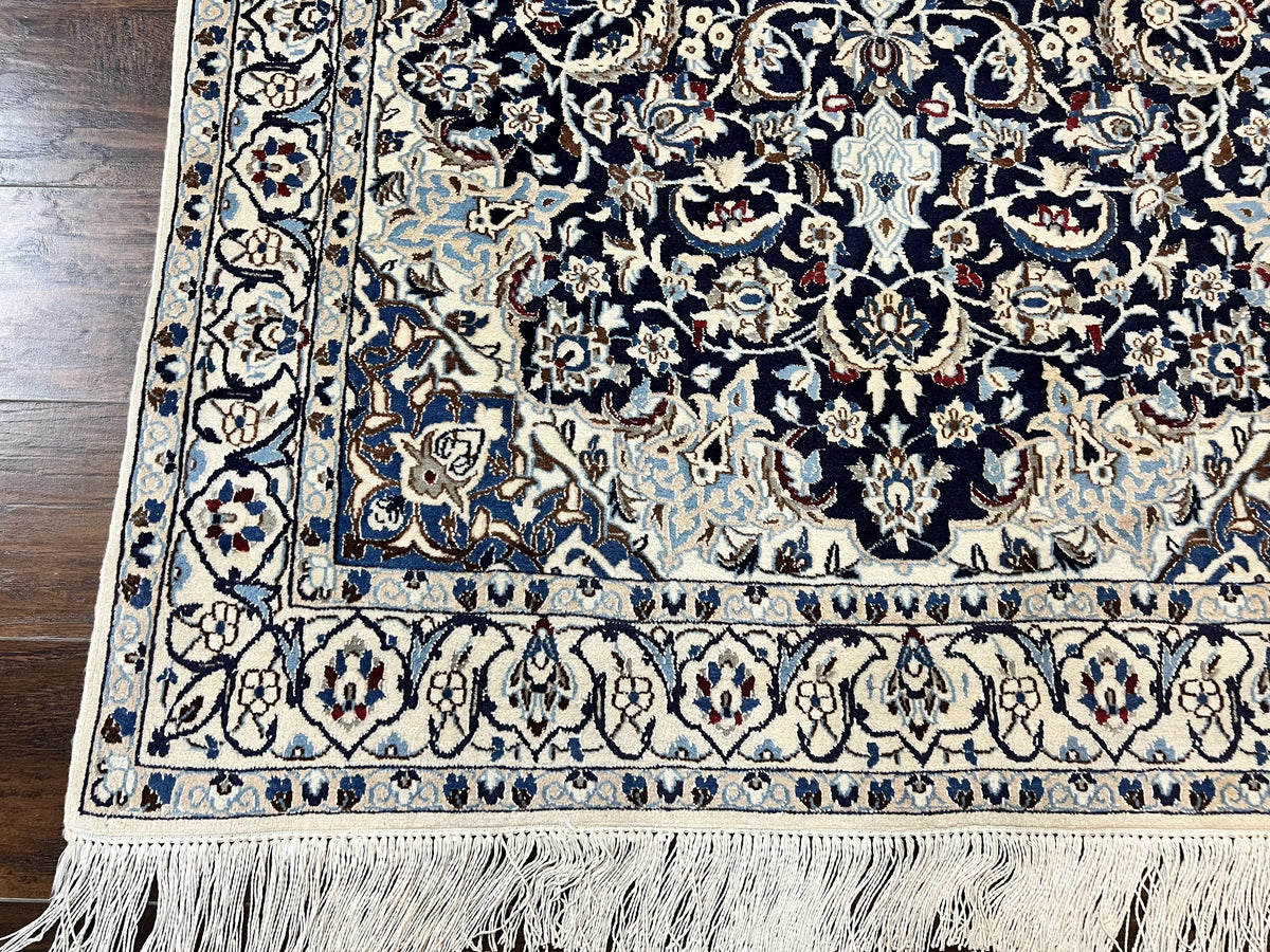 Persian Nain Rug 4x6, Floral, Hand Knotted Vintage Wool & Silk Highlights, Signature from Masterweaver, Navy Blue and Ivory - Jewel Rugs, view 9