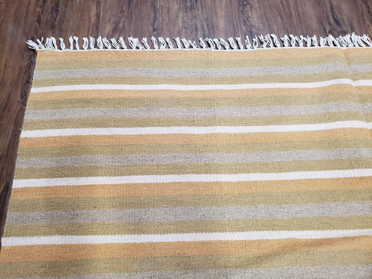 New Indian Kilim Area Rug, 6x8 - 7x8 South American Style Blanket, Striped Indian Wool Hand-Woven Flat Weave 6x9 Bedroom Rug, Ivory Ochre - Jewel Rugs, view 6