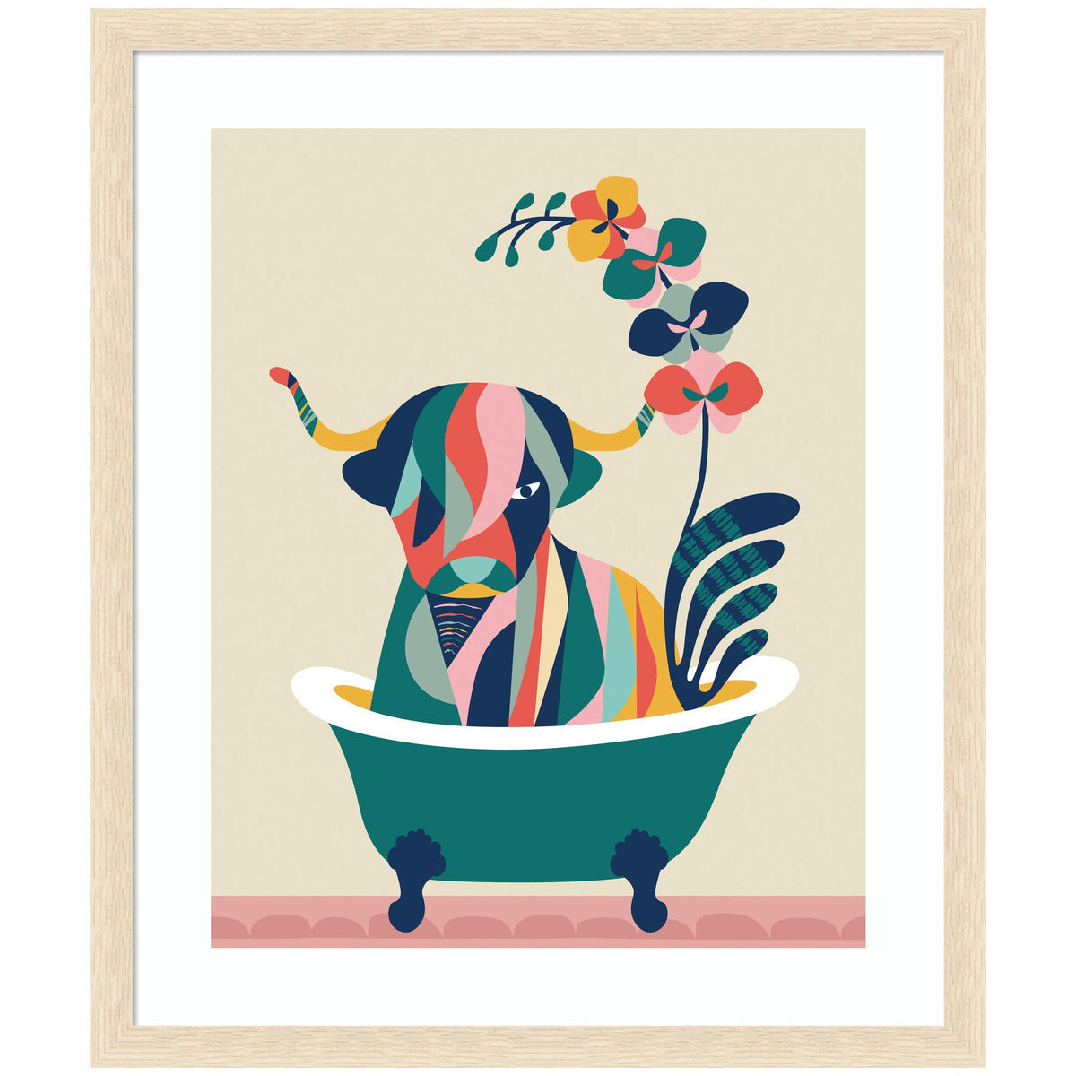 Framed Art Mid Century Modern Cow in Bathtub by Rachel Lee
