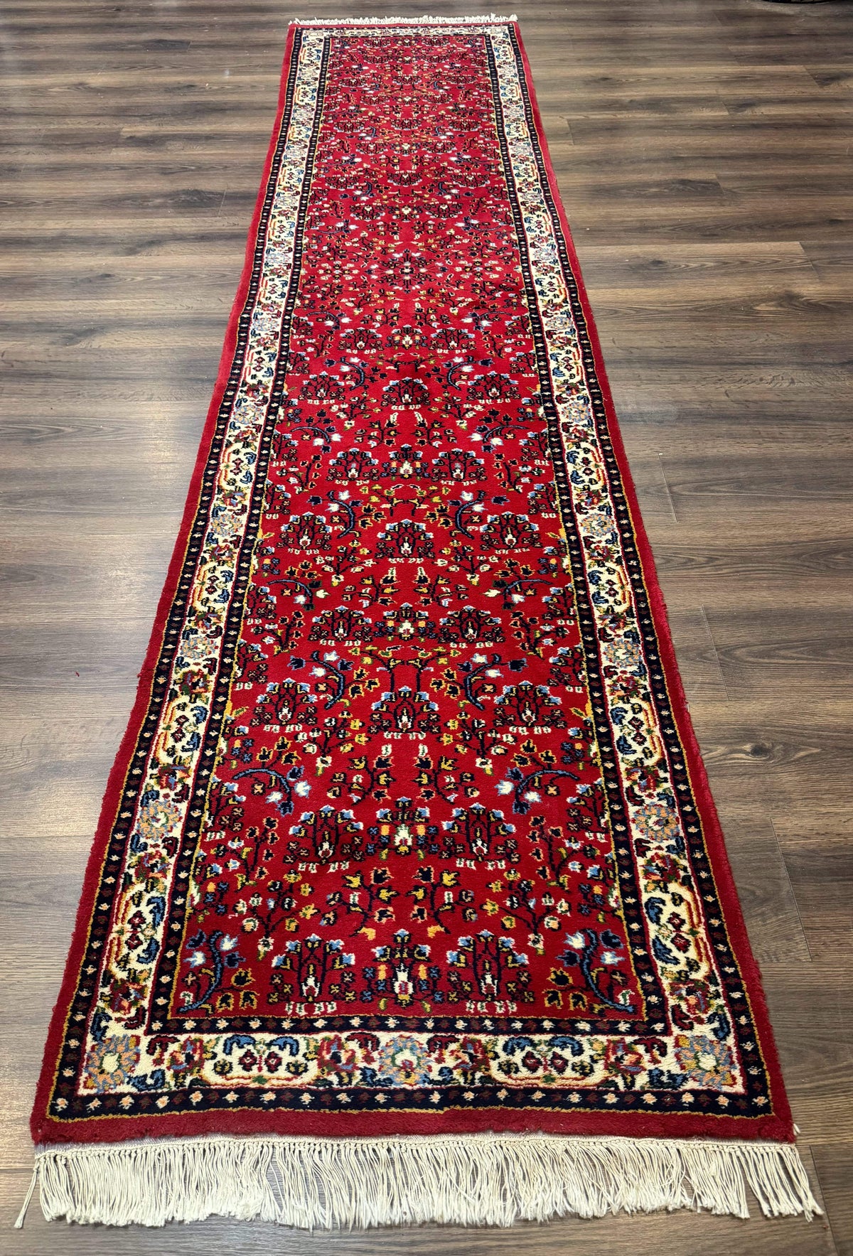 Indo Persian Sarouk Runner Rug 3 x 12, Red and Cream, Allover Pattern, 12ft Runner, Hand Knotted - Jewel Rugs, view 2