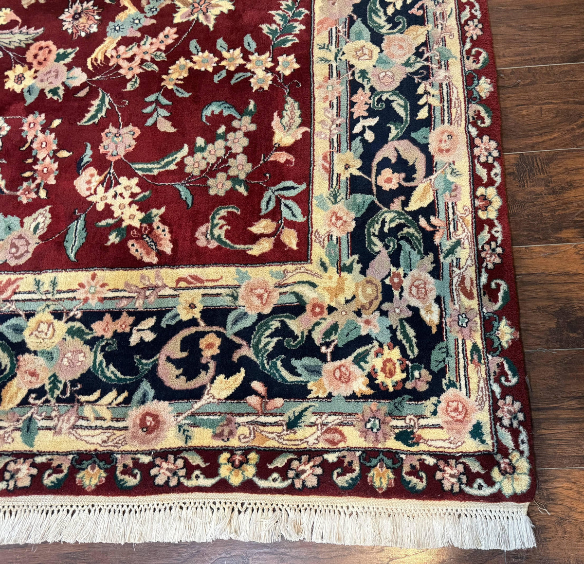 Indo Persian Rug 8x10, Floral Allover with Bird Pictorials, Maroon and Navy Blue, Handmade Wool Area Rug - Jewel Rugs, view 10