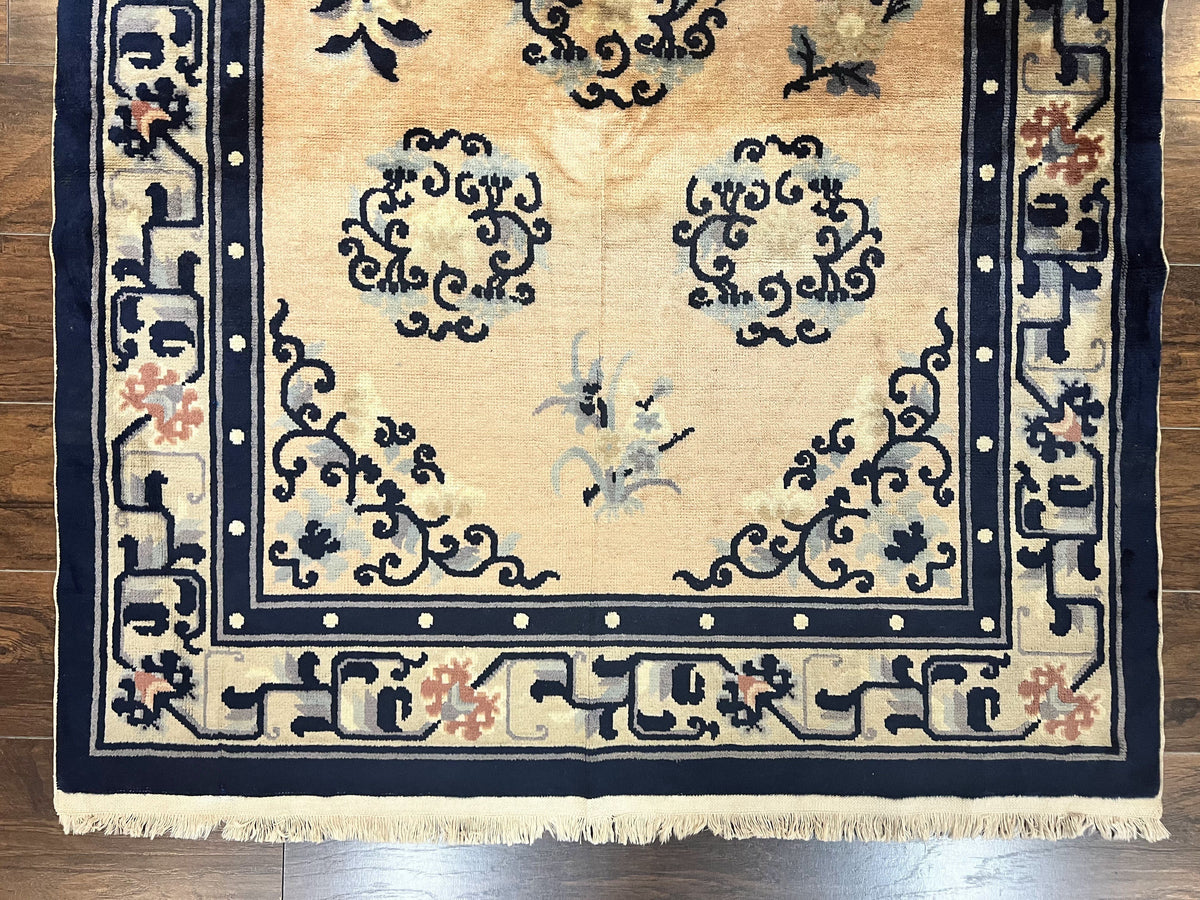 Chinese Peking Rug 4x6, Wool Hand Knotted Handmade Vintage Semi Antique Carpet, Semi Open Field, Light Peach & Navy Blue, Art Deco Rug - Jewel Rugs, view 6