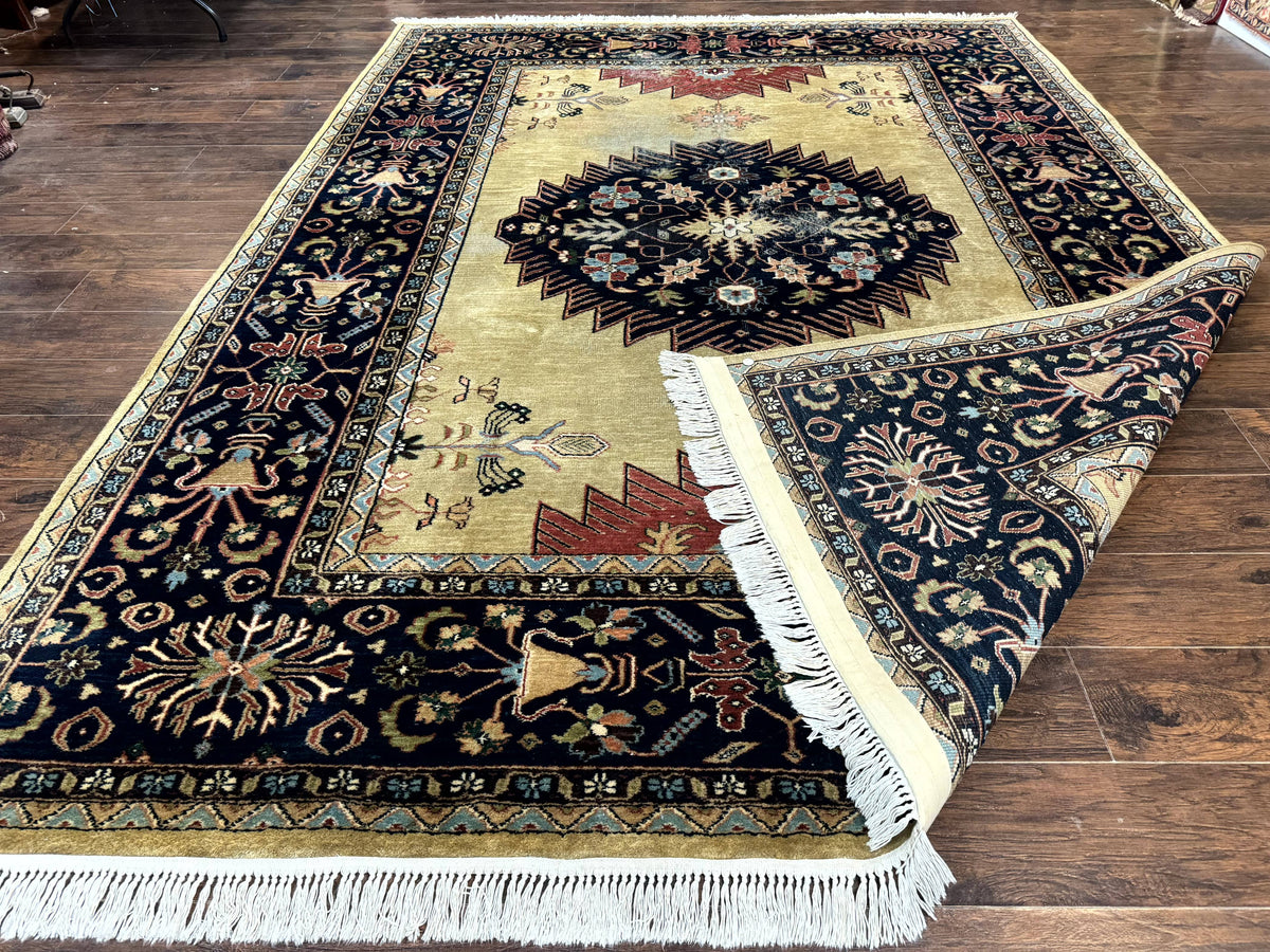 Indo Persian Heriz Rug 8x12, Camel Hair Tan and Navy Blue, Decorative - Jewel Rugs, view 12