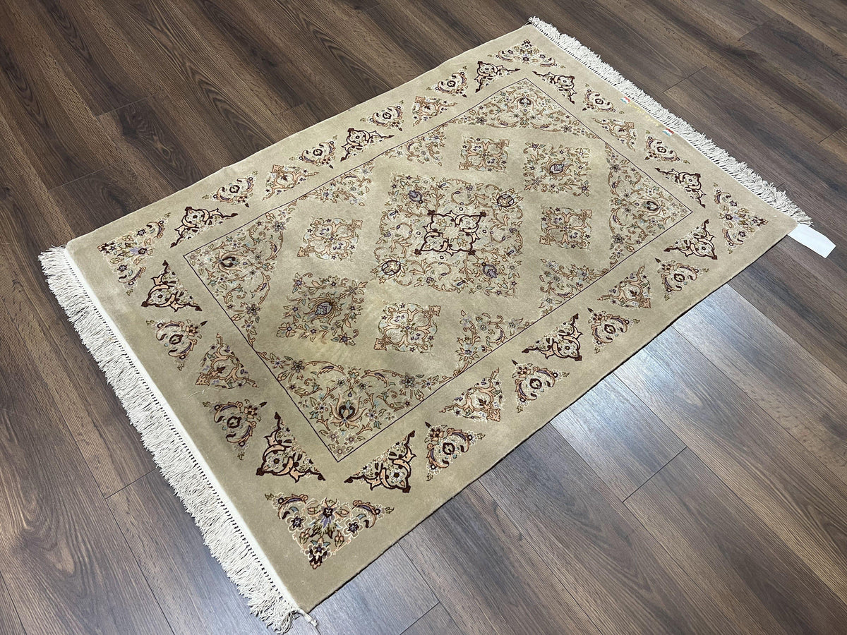 Very Fine Persian Isfahan Rug 3x5 ft with Signature, Kork Wool on Silk Foundation, Gray-Taupe Vintage Hand Knotted Oriental Carpet, 60 Raj 460 KPSI - Jewel Rugs, view 12