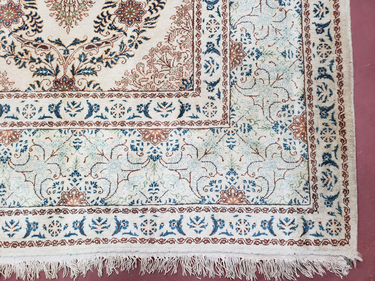 Fine Antique Persian Light Colored Kashan Carpet, 7x12, Top Quality, Rare, Ivory & Blues, Hand-Knotted, Wool - Jewel Rugs, view 10