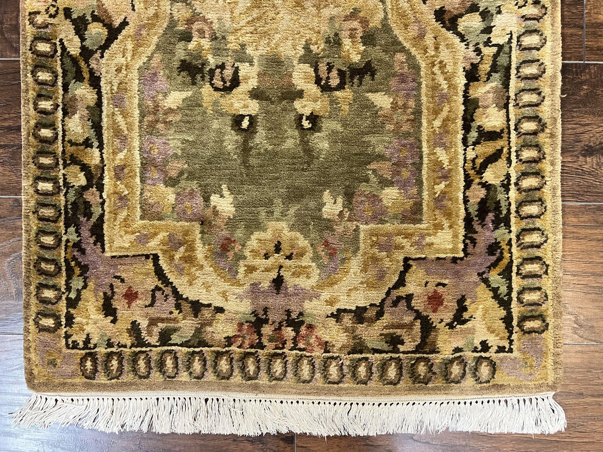 Tibetan Runner Rug 2.6 x 10, French Aubusson Pattern, Gold Olive Green, Vintage Handmade European Design, Wool Hallway Rug - Jewel Rugs, view 5