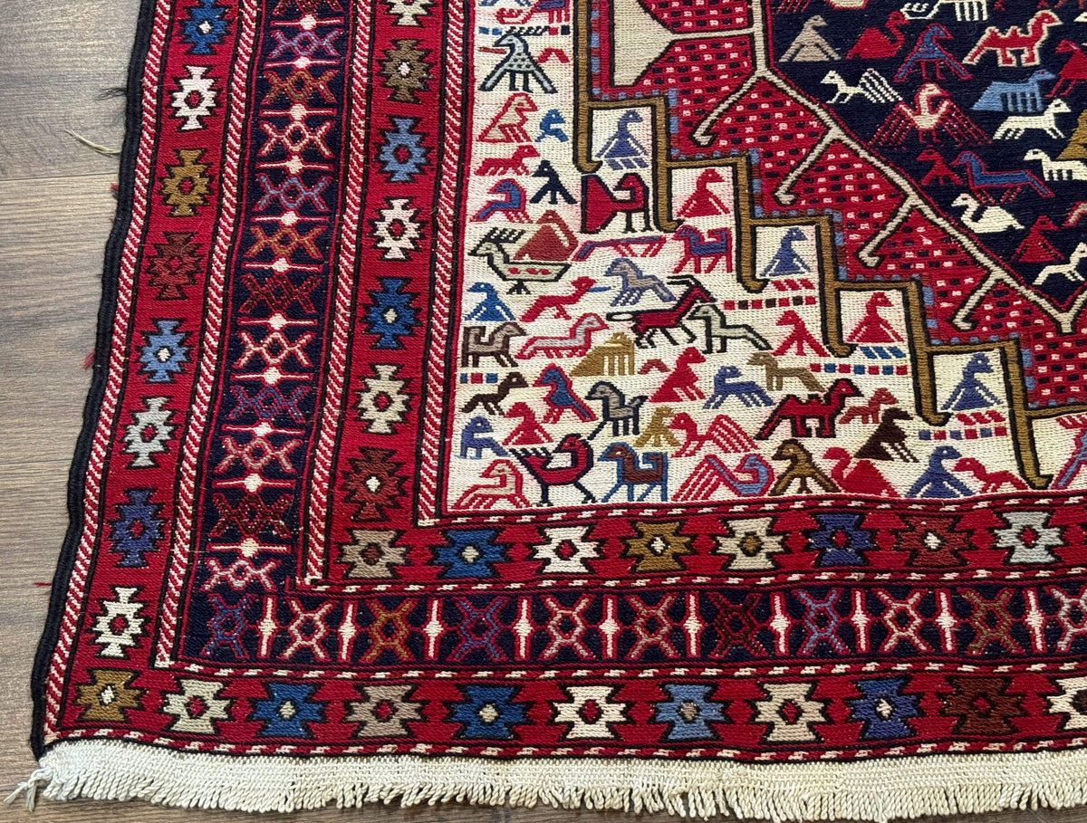 Persian Soumak Kilim Rug 4x6, Triple Medallions Tribal Pictorials, Caucasian Azerbaijani Kilim - Jewel Rugs, view 9