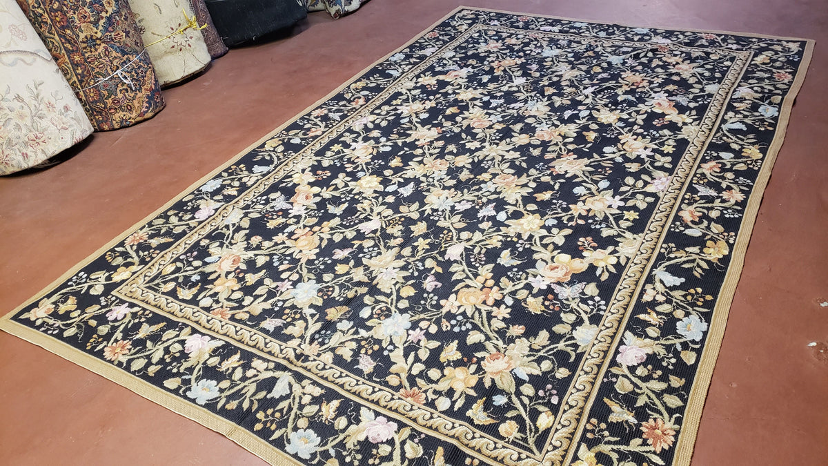 6x9 Vintage Needlepoint Rug, Petitepoint Carpet, Butterflies Floral Design - Jewel Rugs, view 13