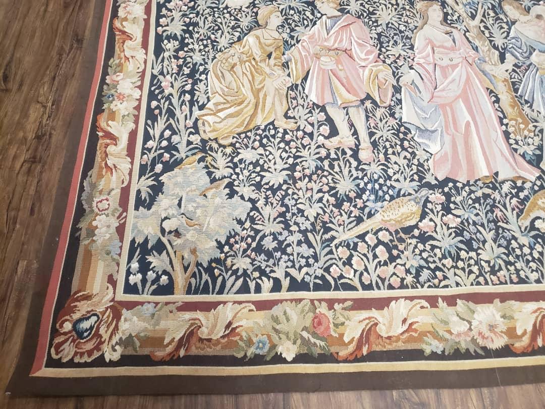 Vintage European Tapestry 5.4 x 7.11, Antique Style European Wall Hanging, Aubusson Weave Handmade Tapestry, Courtship Dating Scene, Animals - Jewel Rugs, view 7