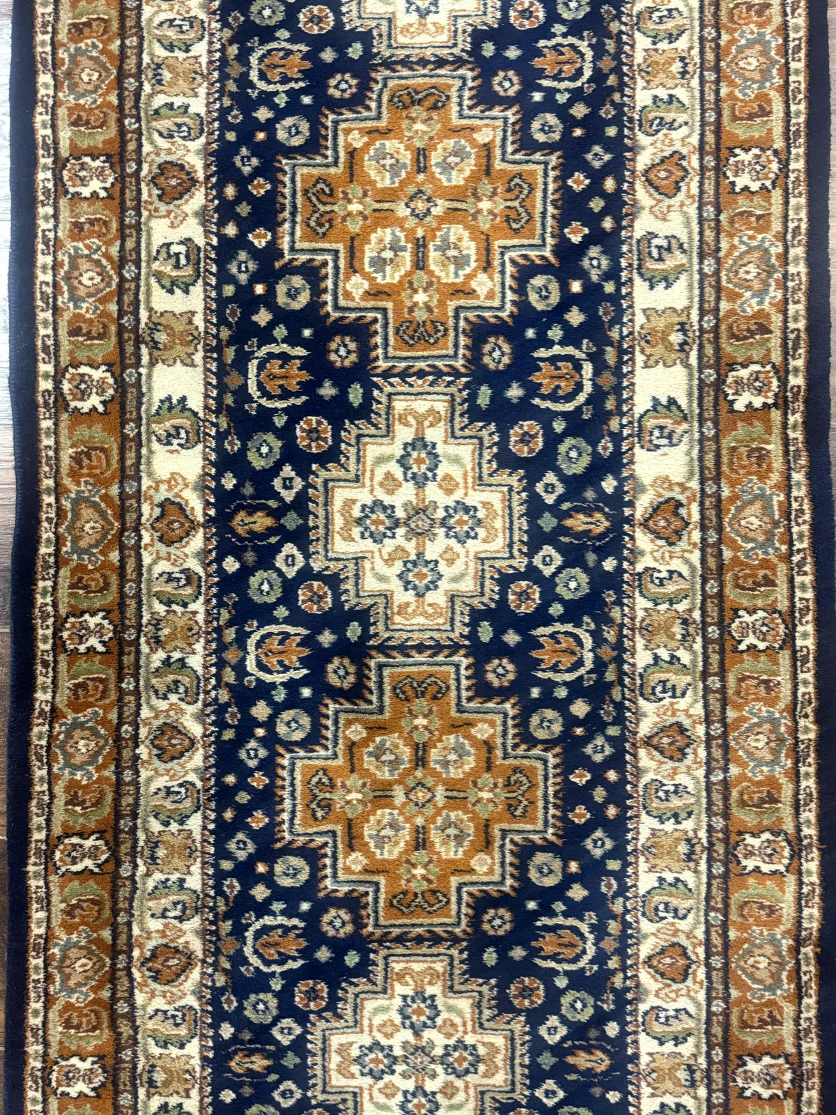 Indo Persian Runner Rug 2.6 x 12.7, Indian Kashmiri Runner for Hallway or Kitchen, Navy Blue, Geometric Medallions, Handmade Wool - Jewel Rugs, view 5