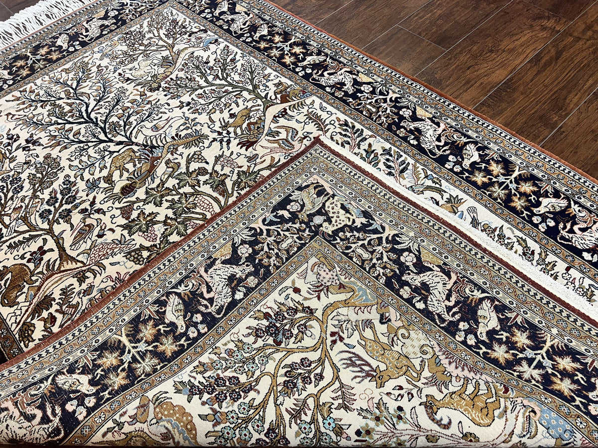 Persian Qum Tree of Life Rug 5x7, Wool and Silk Highlights, Animal Motifs, Vintage Hand Knotted Handmade Cream & Black Fine Oriental Carpet - Jewel Rugs, view 12
