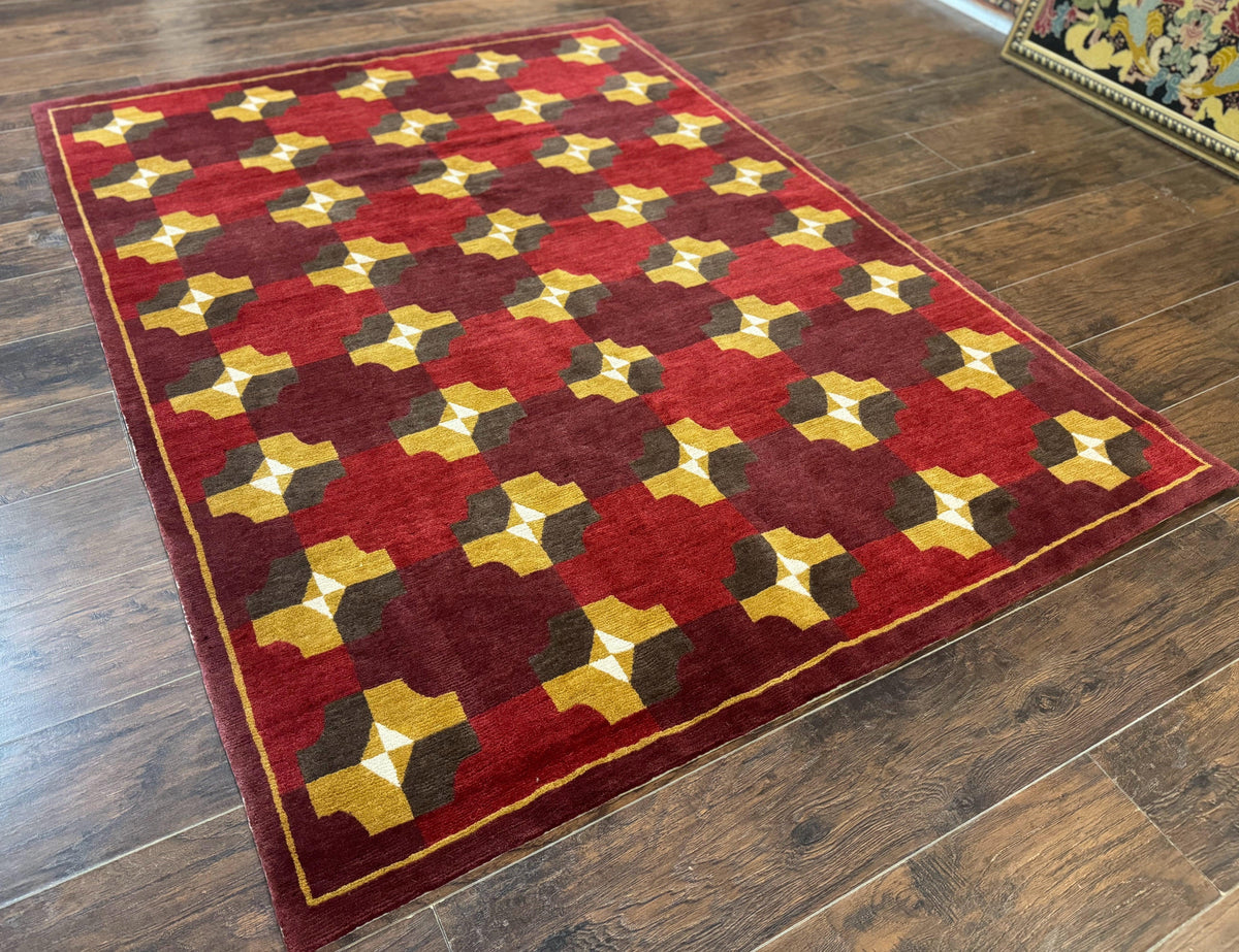 Modern Tibetan Rug 5 x 6.8, Wool, Red, Allover Pattern, Nepali Rug, Abstract Rug, Handmade Area Rug - Jewel Rugs, view 3