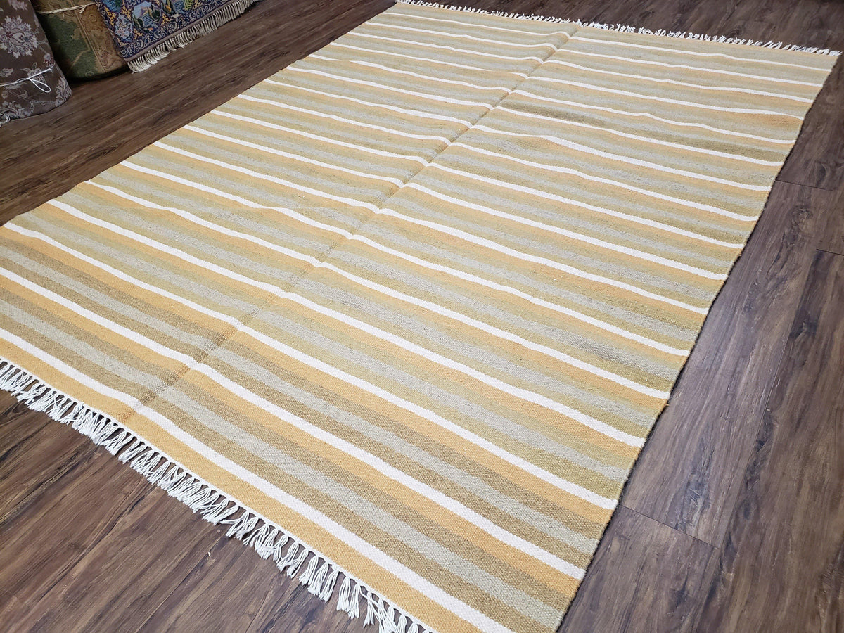 New Indian Kilim Area Rug, 6x8 - 7x8 South American Style Blanket, Striped Indian Wool Hand-Woven Flat Weave 6x9 Bedroom Rug, Ivory Ochre - Jewel Rugs, view 2