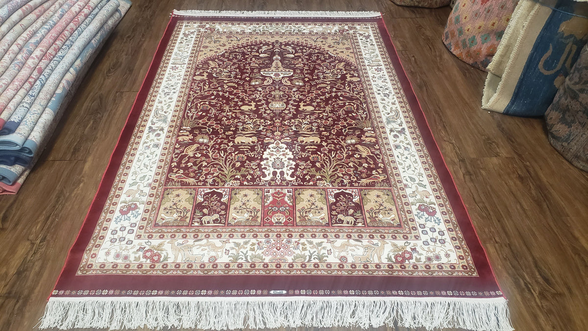 Silk Carpet 4x6 Dark Red & Cream, Tree of Life Rug, Animal Motifs, Birds Deer Rabbits, All Bamboo Silk, 4 x 6 Silk Area Rug - Jewel Rugs, view 2