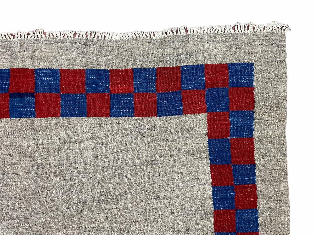 5' 7" x 7' 9" Geometric Kilim Carpet, Gray, Handmade, Hand-Knotted Area Rug, Blue & Red, Flatweave, Wool, New, Checkerboard Pattern - Jewel Rugs, view 9