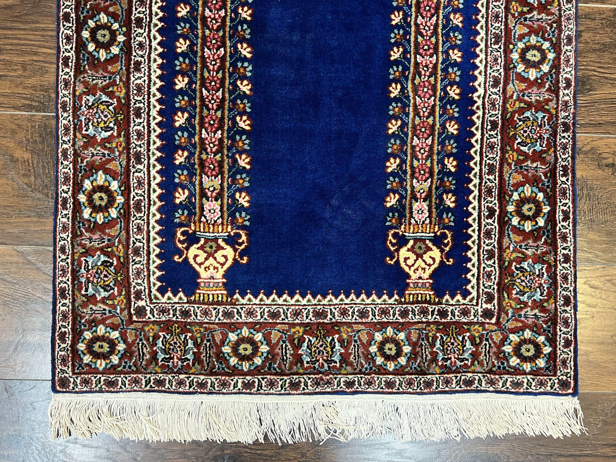 Indo Persian Prayer Rug 3x5, Fine Oriental Carpet, Dark Blue and Red, Vintage Hand Knotted Handmade Prayer Rug - Jewel Rugs, view 5