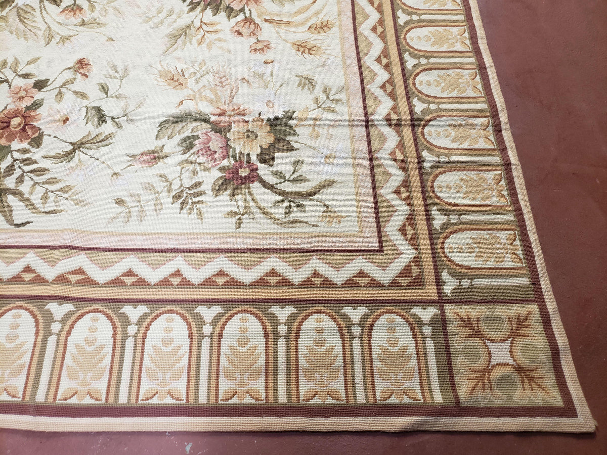 Needlepoint Rug 8x10 Aubusson Rug Victorian Floral Rug Handmade French Style French Decor Garden Panel Beige 8 x 10 Area Rug 100% Wool - Jewel Rugs, view 10