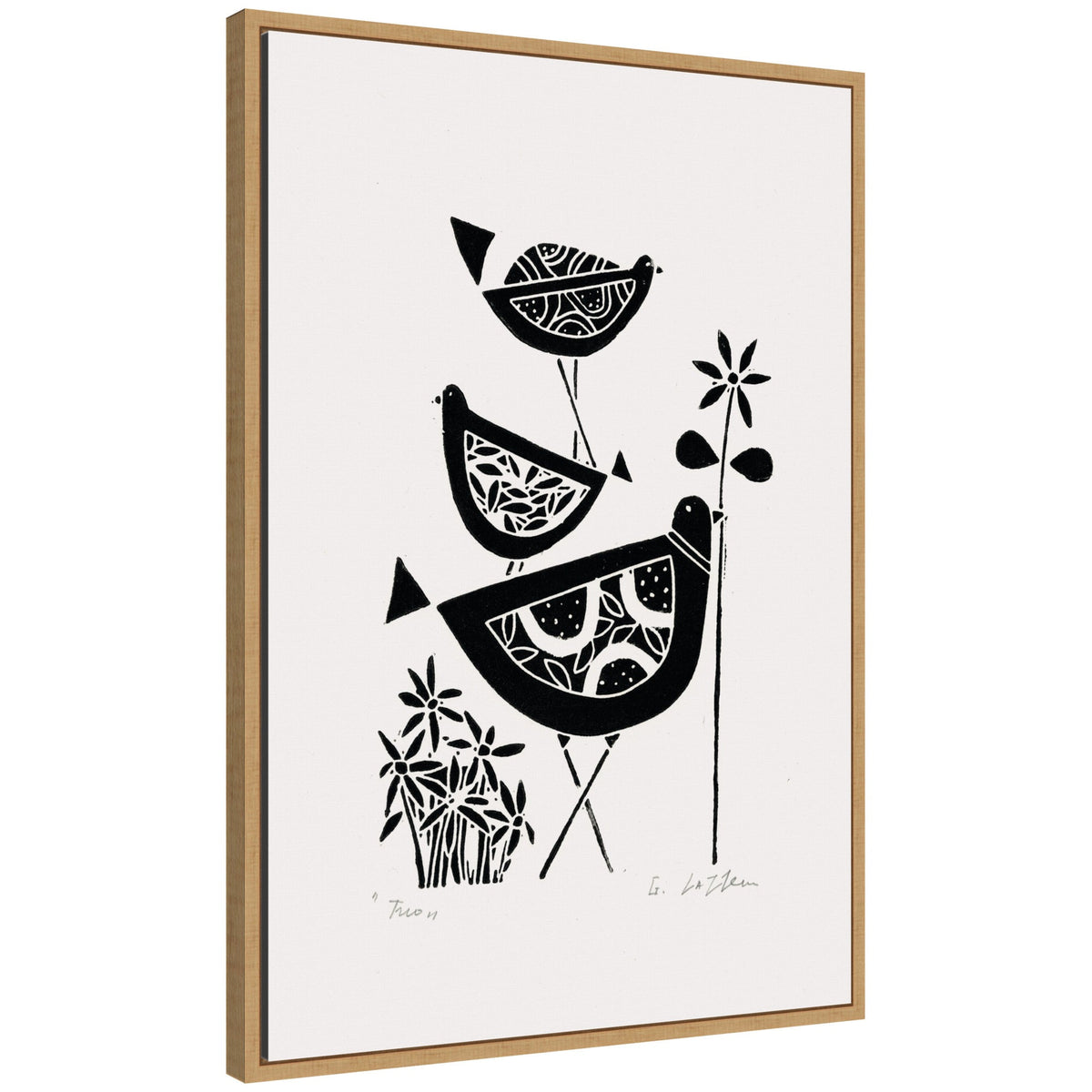 Sylvie Folk Bird Family Trio Linocut Framed Canvas by Giuliana Lazzerini