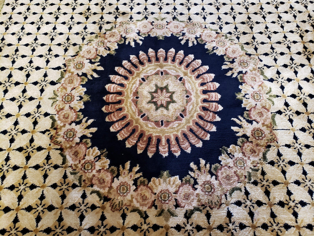 Indian Rug with Tibetan Weave, 6x8 - 6x9 Rugs, Indo-Tibetan Rug, Black and Cream Beige Tan, Floral Border, Soft Rug, Handmade Area Rug, Wool - Jewel Rugs, view 5