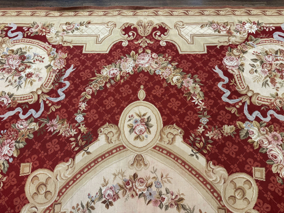 Aubusson Rug 8x11, Needlepoint Carpet, Red Ivory Beige, Vintage, French European Design - Jewel Rugs, view 4