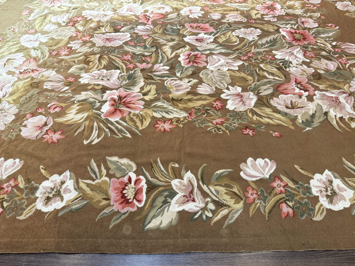 Large Needlepoint Rug 11x14, Vintage Floral Wool Carpet, Caramel - Jewel Rugs, view 5