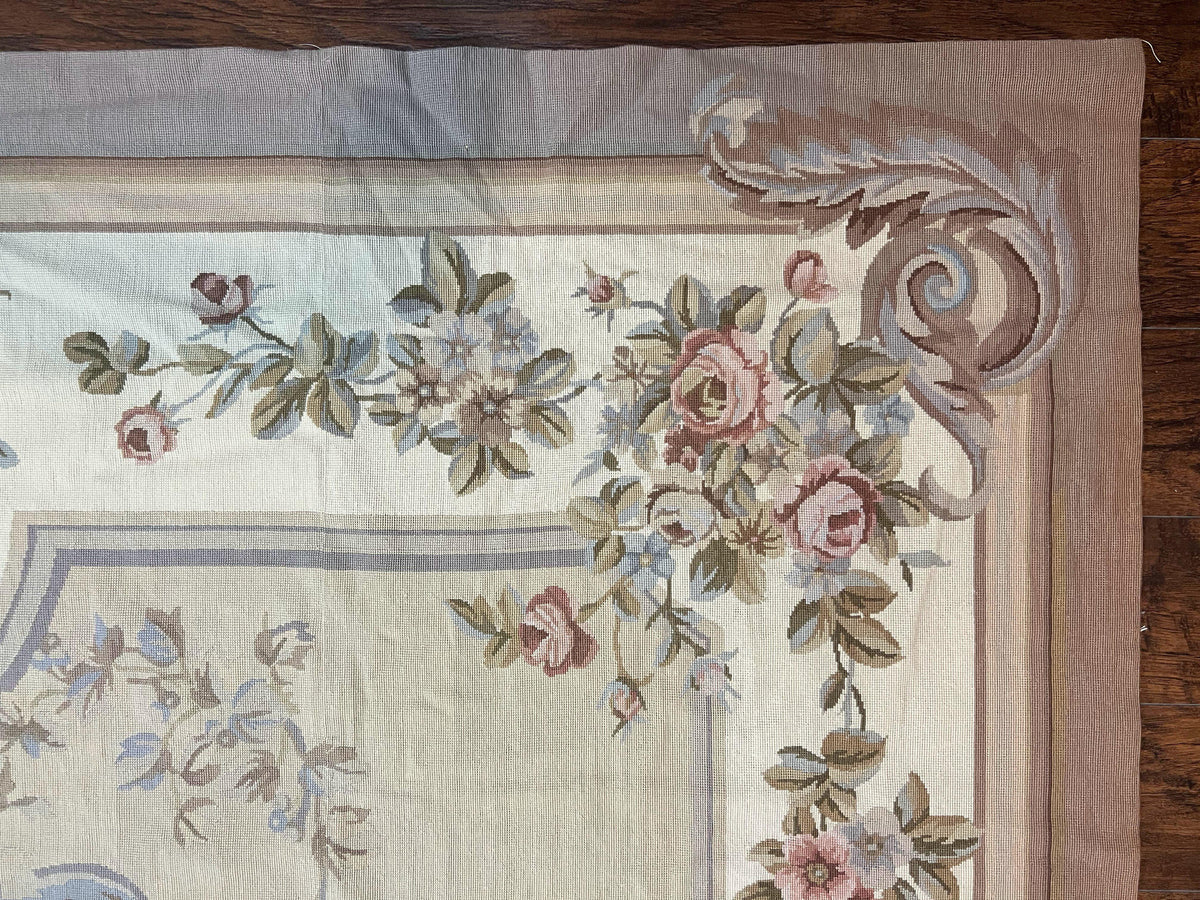 Aubusson Needlepoint Rug 9x12, VIntage Handmade Wool Beige Floral European Elegant Rug 9 x 12, Floral Roses - Jewel Rugs, view 8