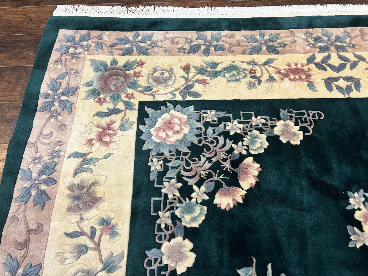Chinese Art Deco Rug 9x12, Wool Hand Knotted Vintage Carpet, Dark Green & Cream, 90 Line Carving Rug - Jewel Rugs, view 7