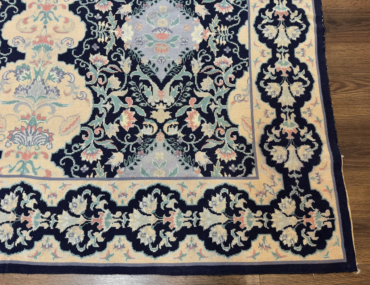 Needlepoint Rug 6x9, Ivory and Navy Blue - Jewel Rugs, view 10
