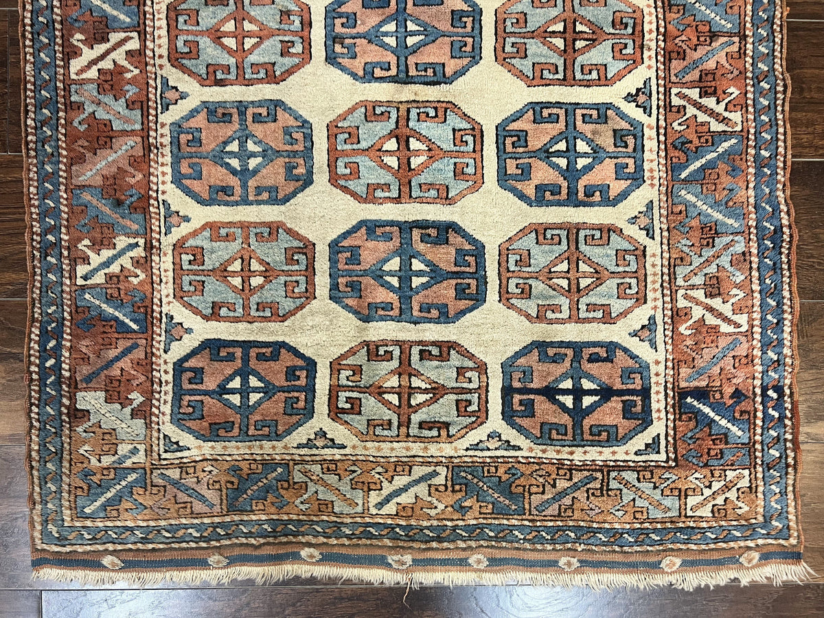 Turkish Kazak Rug 3x4, Wool Hand Knotted Handmade Vintage Carpet, Geometric Tribal Repeated Motif, Small 3 x 4 Antique Rug, Cream Red - Jewel Rugs, view 5