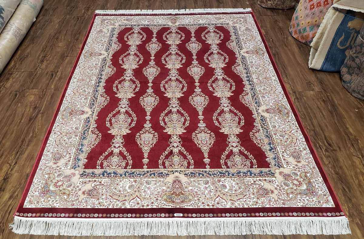 Dark Red Silk Carpet 5.3 x 7.6 ft, 5x8 Silk Rug, New Turkish Silk Carpet, Mint Condition, Beige & Red Area Rug, Bamboo Silk, High Quality - Jewel Rugs, view 2