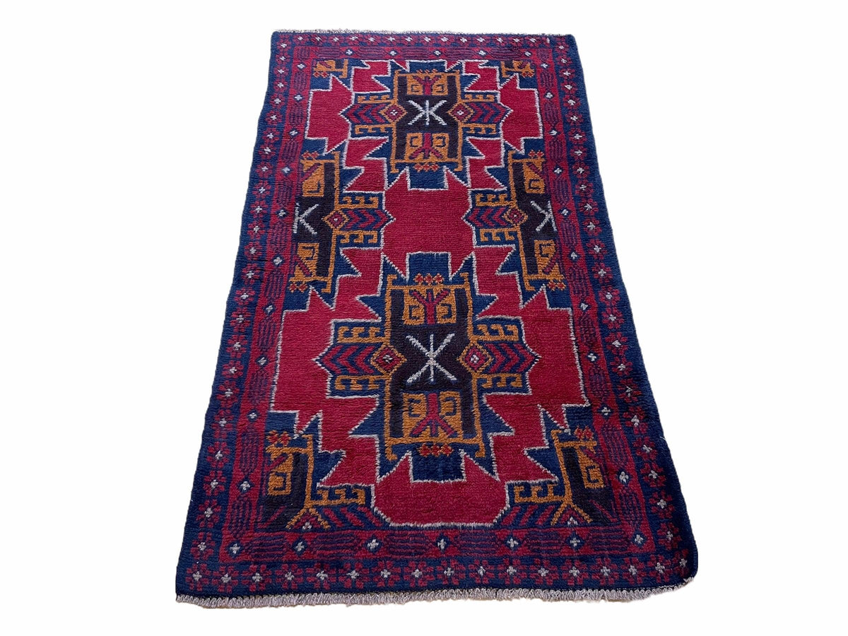 2' 8" X 4' 6" Vintage Handmade Tribal Wool Rug Balouchi Rug Afghan Rug Red Blue - Jewel Rugs, view 2