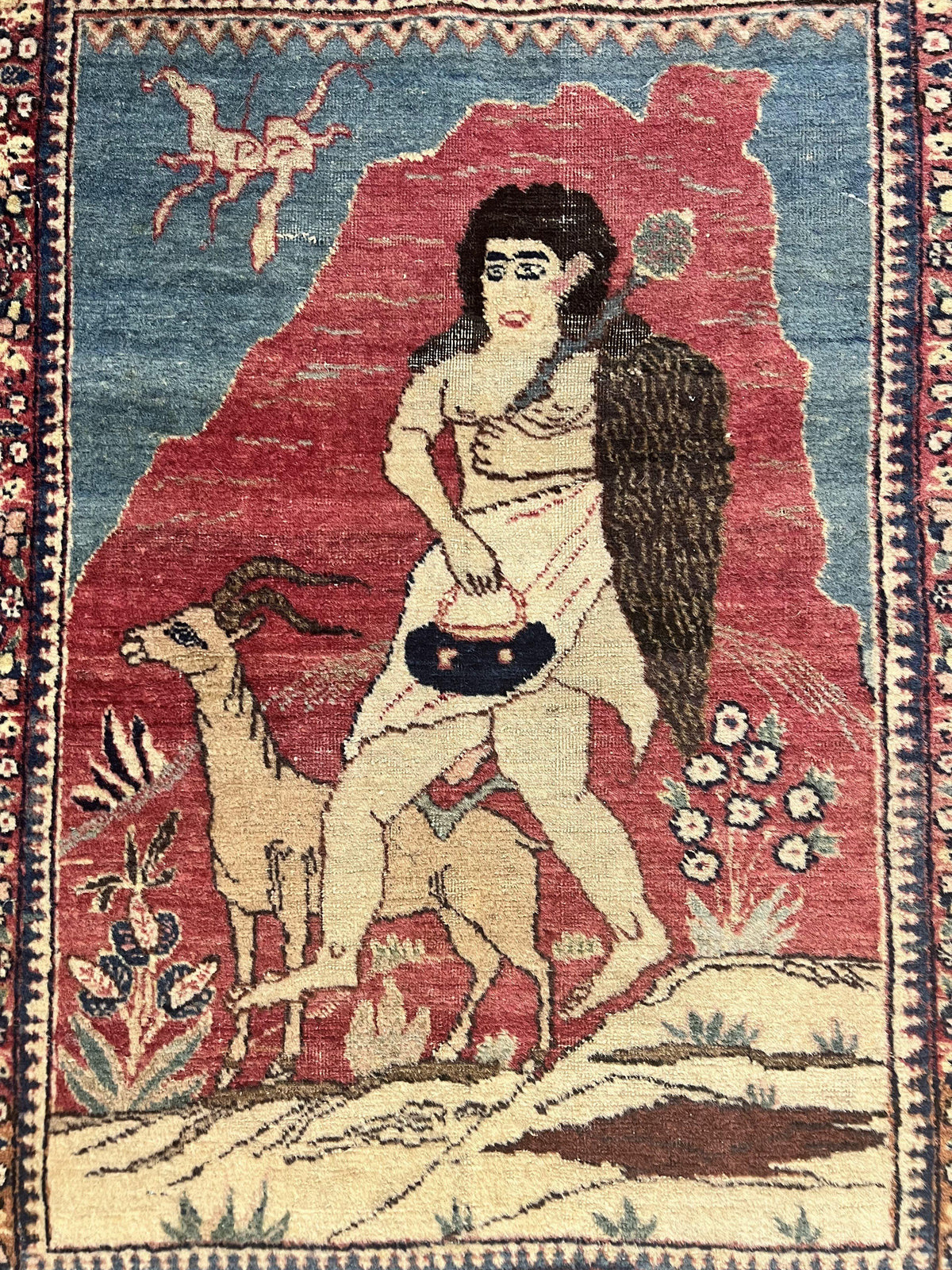 Antique Persian Kirman Rug 2 x 2.5, Small Hand Knotted Wool Carpet, Lavar Rug, Shepherd with Ram Pictorial Rug #1 - Jewel Rugs, view 4
