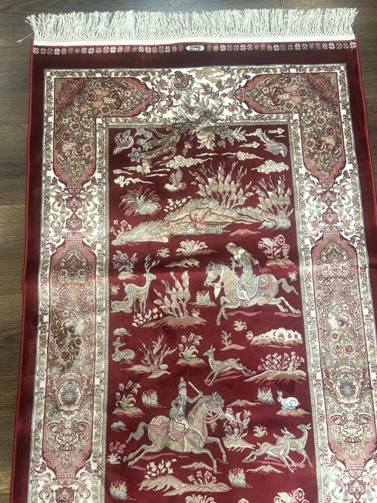 Turkish Silk Rug 2.6 x 6.7, Hunting Design, Short Runner Rug, Red & Ivory, Bamboo Silk, New - Jewel Rugs, view 4