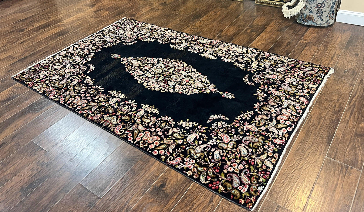 Antique Persian Kirman Rug 5x8, Floral Kirman, Midnight Blue/Black, Semi Open Field, Handmade Vintage Wool Carpet - Jewel Rugs, view 3
