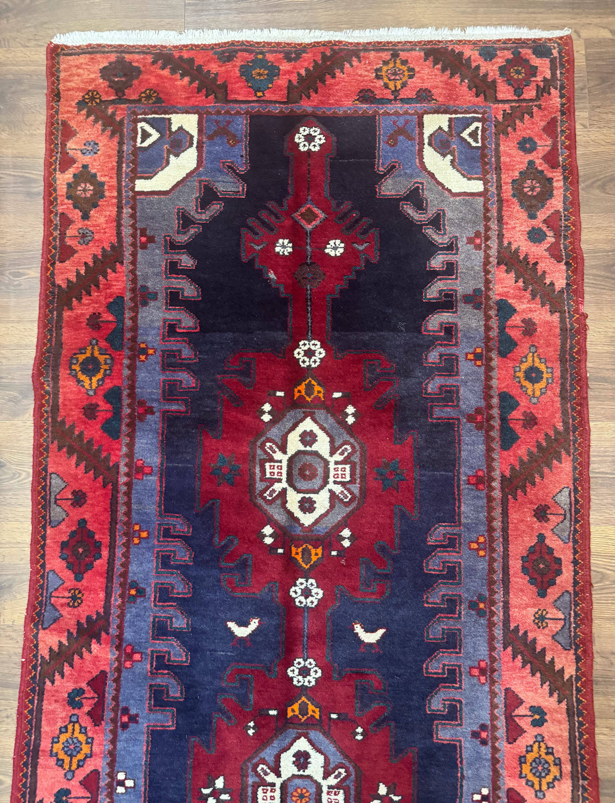 Persian Karajeh Runner Rug 3.6 x 9.5, Geometric Medallions, Tribal Village Rug, Navy Blue, Handmade - Jewel Rugs, view 4